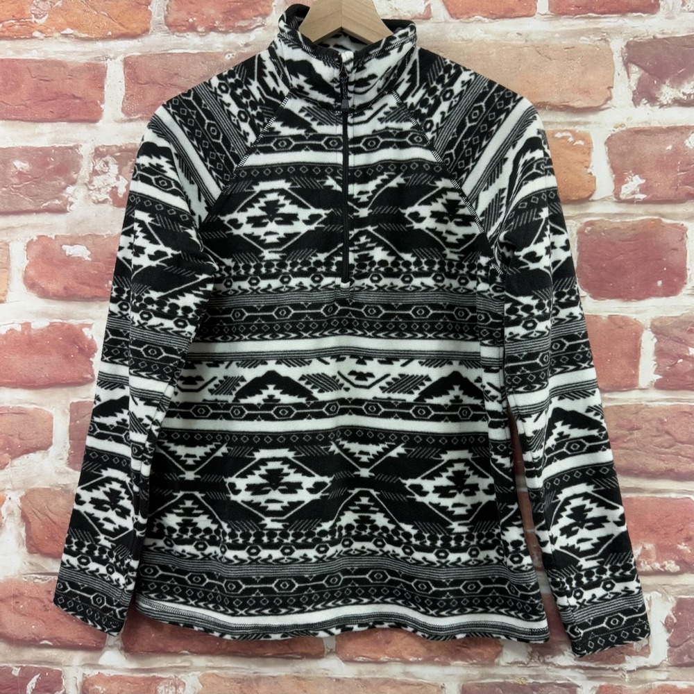 Eddie Bauer Fleece Top Womens M Black White Aztec Southwest 1/4 Zip Shirt Jacket